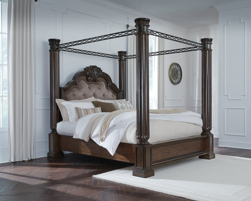 Maylee King Canopy Bed with Mirrored Dresser and Nightstand