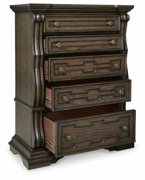 Maylee California King Upholstered Bed, Dresser, Mirror, Chest and Nightstand
