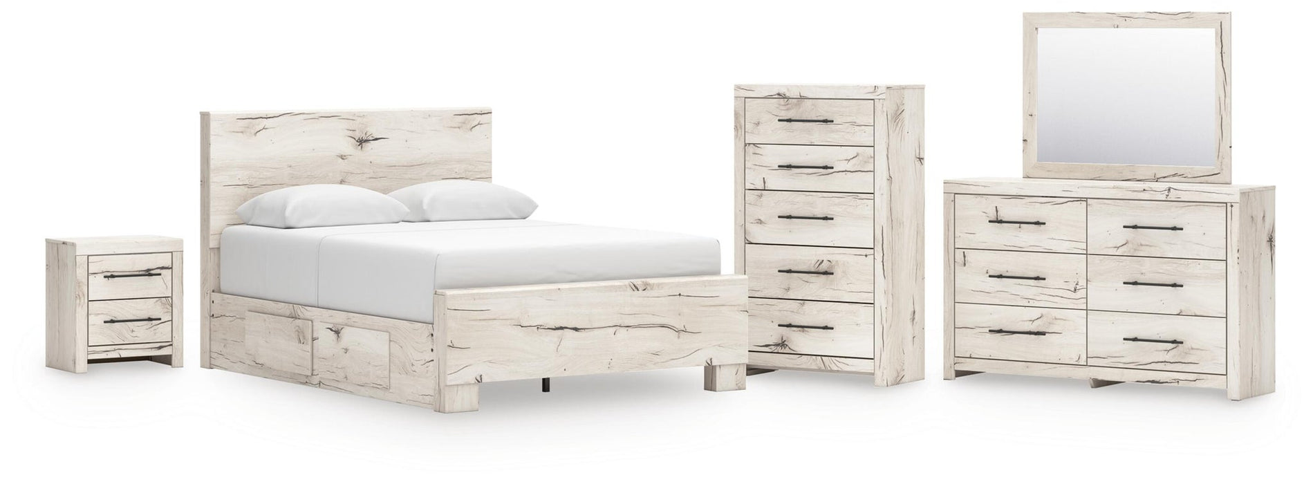 Lawroy Queen Panel Bed with Storage, Dresser, Mirror, Chest and Nightstand