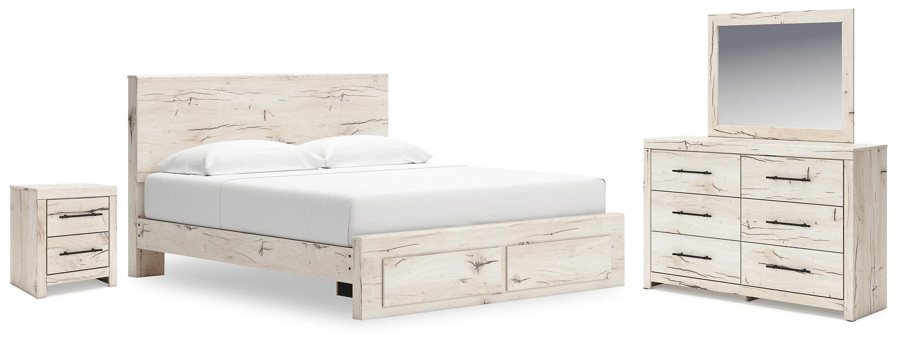 Lawroy King Panel Storage Bed, Dresser, Mirror and Nightstand
