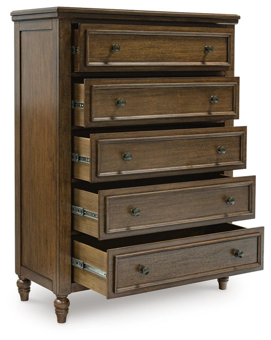 Sturlayne King Upholstered Panel Bed, Dresser, Mirror, Chest and Nightstand