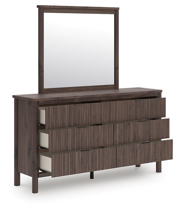 Pamytta Twin Upholstered Panel Platform Bed, Dresser and Mirror
