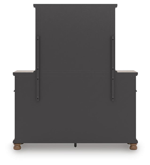 Rowlenstown California King Poster Bed with Mirrored Dresser and Nightstand