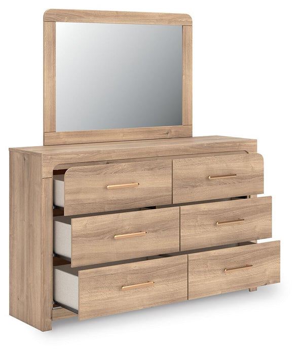 Kinlanni Queen Upholstered Panel Bed, Dresser and Mirror
