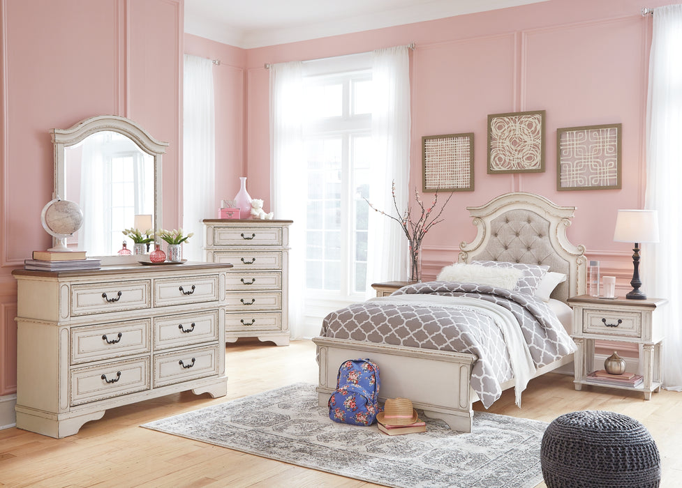 Realyn Twin Panel Bed with Mirrored Dresser, Chest and Nightstand